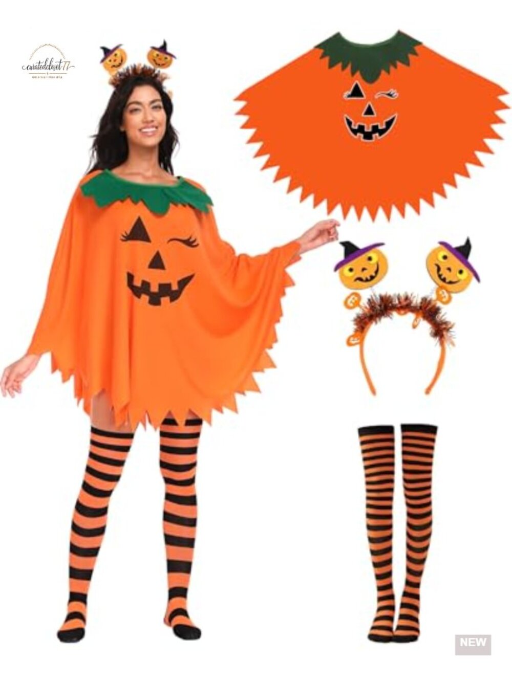 Women's Halloween Pumpkin Costume Set - Poncho, Headband & Striped Socks